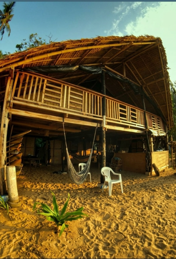 The Sick Buffalo beach hut from the sand — thatched roof, bamboo balcony, hammock and board rack