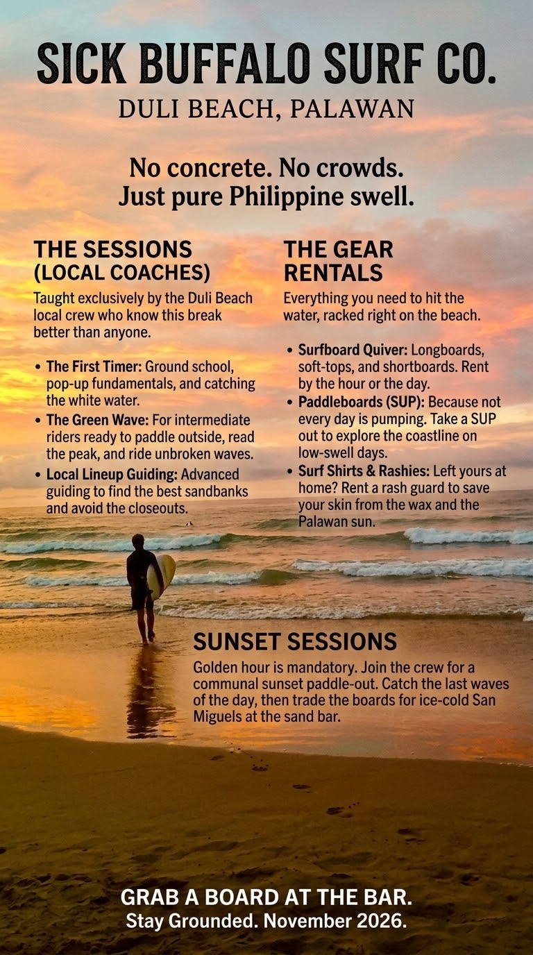 Sunset surf session at Duli Beach with a surfer walking into the waves